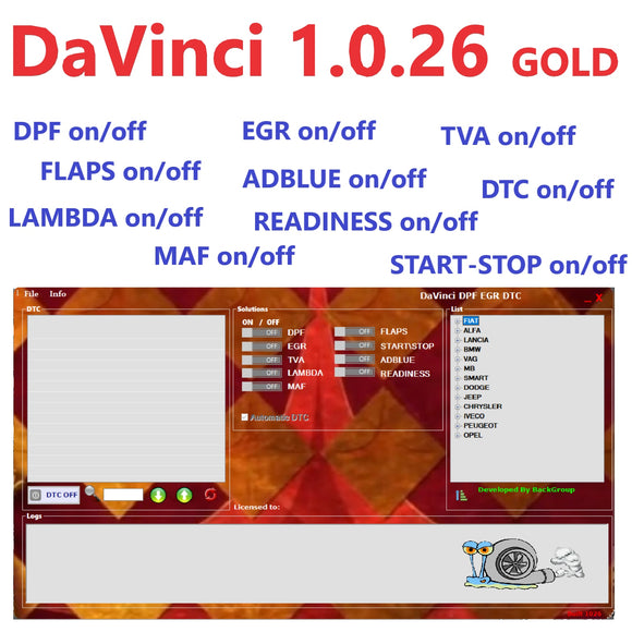 DaVinci 1.0.26 egr dpf dtc GOLD EDITION - DPF/EGR/TVA/FLAPS/ADBLUE/START-STOP - OFF software for chiptuning - MHH Auto Shop